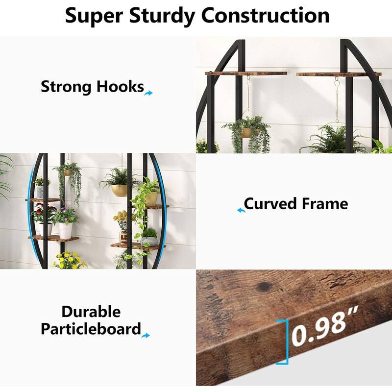 Black-Brown Wood Metal 10-Tier Curved Plant Display Shelf Stand - 19.7" x 11.8" x 63"