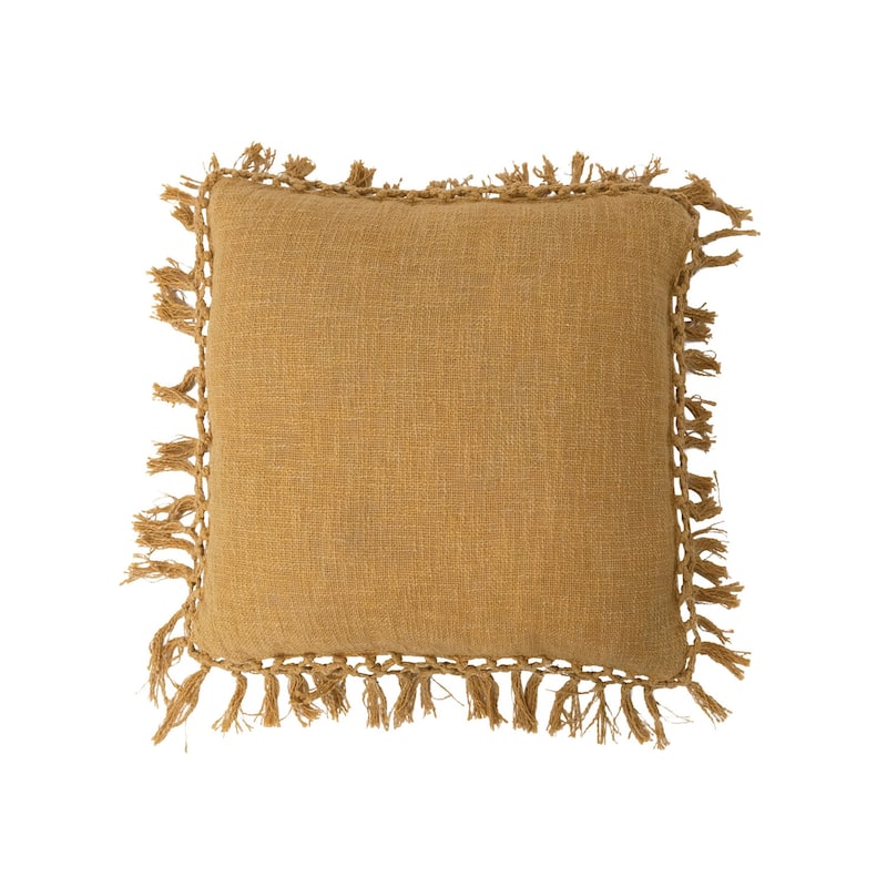 Cotton Slub Pillow with Crochet and Fringe - Yellow