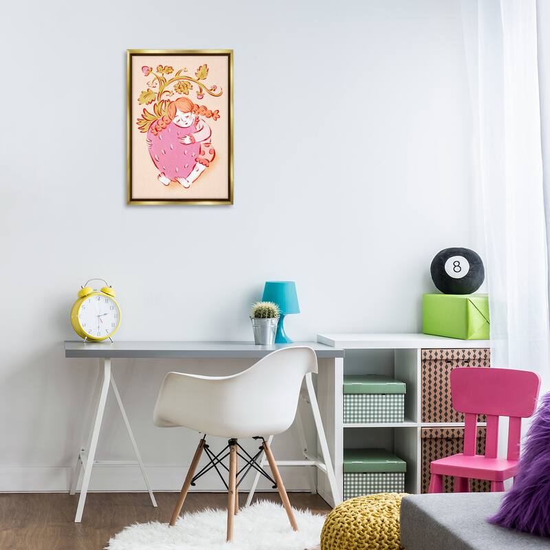 Stupell Girl Hugging Strawberry Framed Floater Canvas Wall Art Design By Hannah Moren