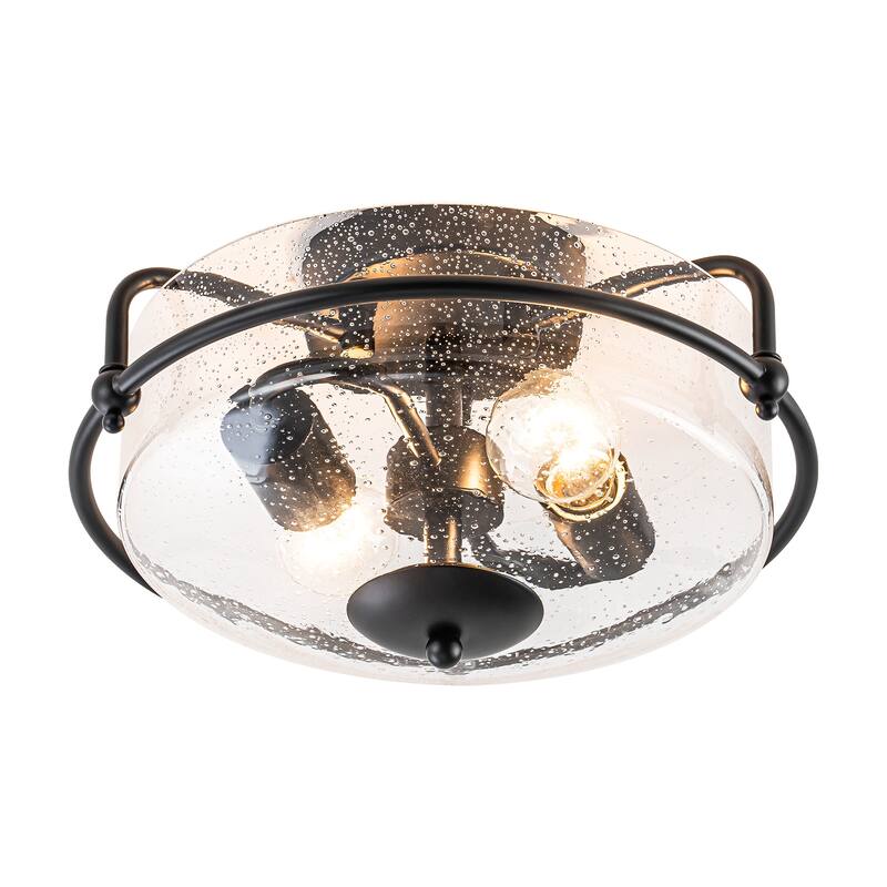 2-Light Modern Transitional Metal & Glass Flush Mount with Clear Bubble Glass Shade for Bedroom - 12.6 in. W x 7.3 in. H