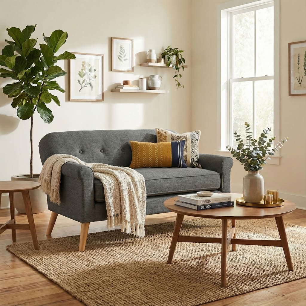 Roomfitters Mid-Century Modern Fabric Loveseat, Button-Tufted 2-Seater Sofa, Rolled Arm Solid Wood Leg Bench
