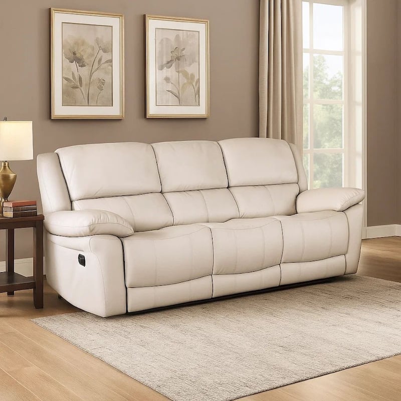 Larus Sofa, Manual Reclining Mechanism, Off White Faux Leather, 82 Inch