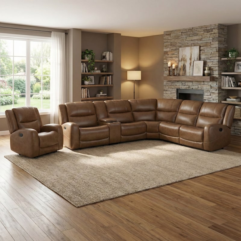 Furniture of America Rhea Modern 2-Piece Brown Top Grain Leather Sectional Sofa and Recliner Set - Brown