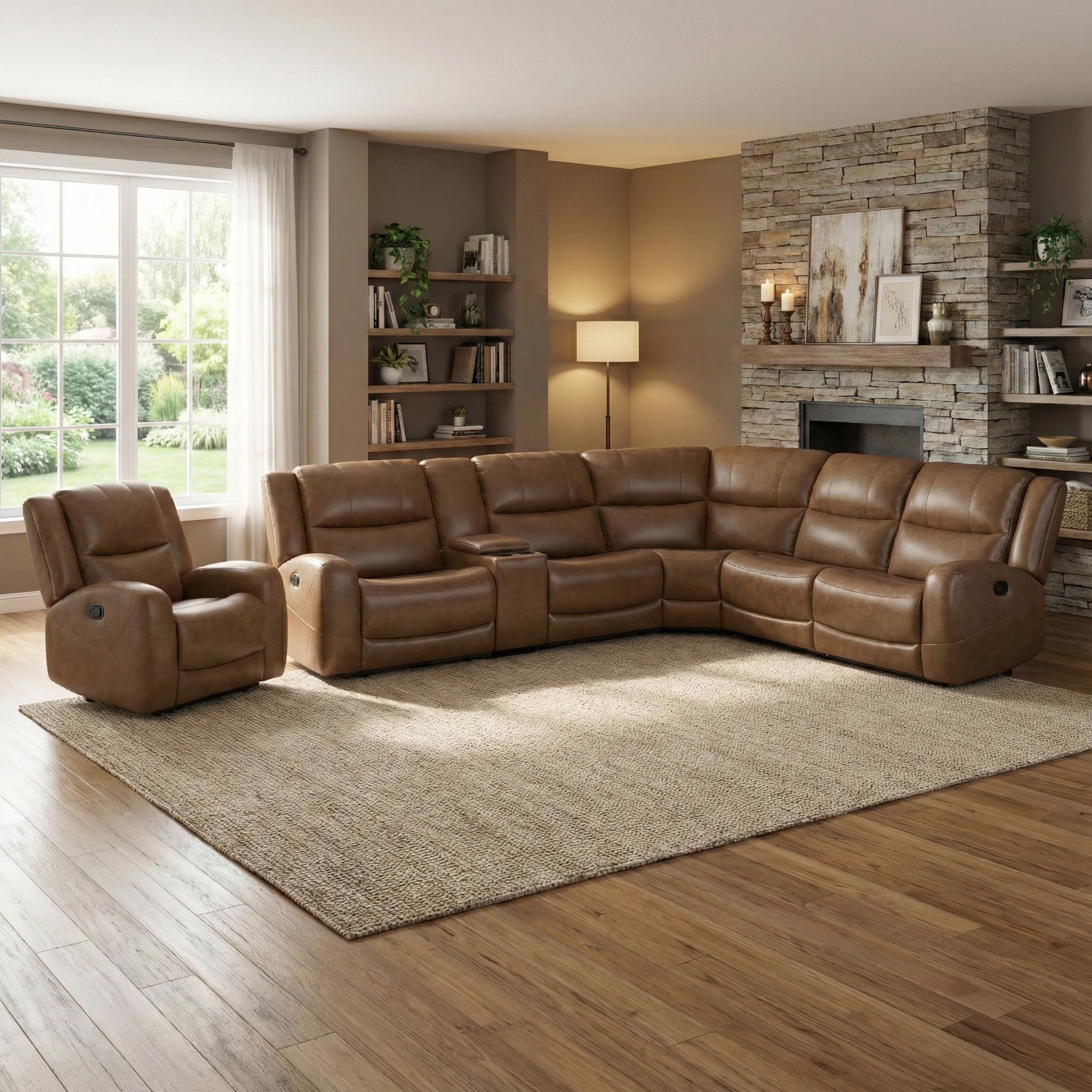 Furniture of America Rhea Modern 2-Piece Brown Top Grain Leather Sectional Sofa and Recliner Set