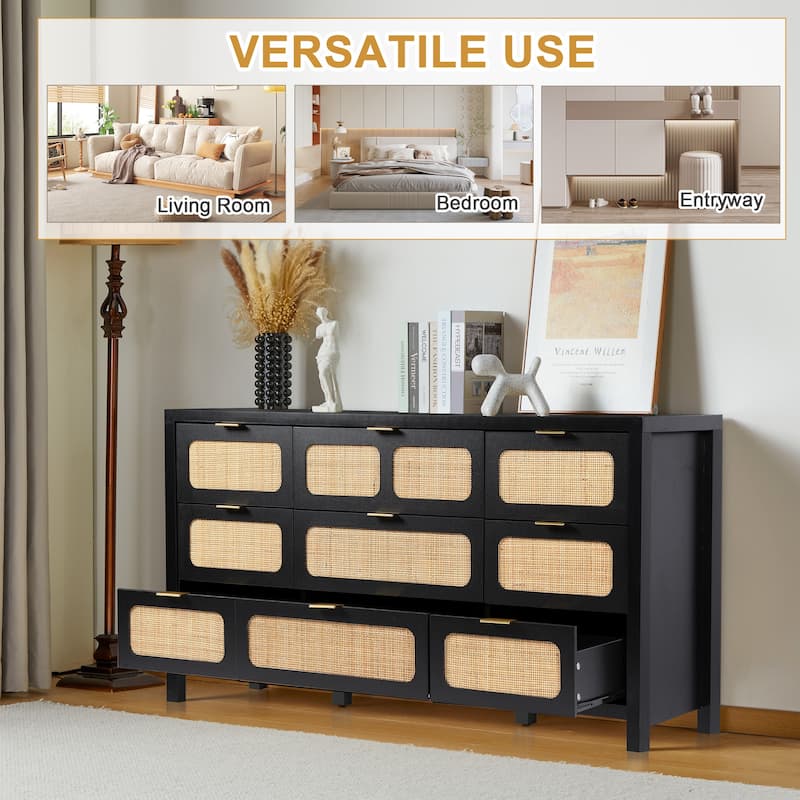 Wooden Rattan Woven 9-Drawer Storage Dresser/Chest of Drawers
