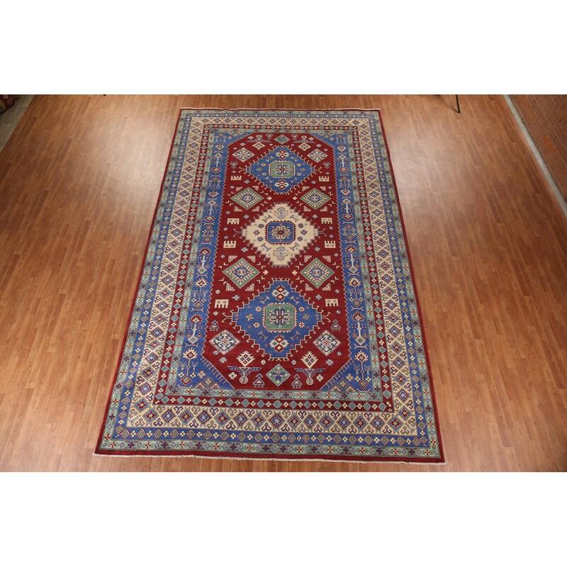 Large Red Geometric Kazak Oriental Area Rug Handmade Wool Carpet - 9'8" x 15'6"