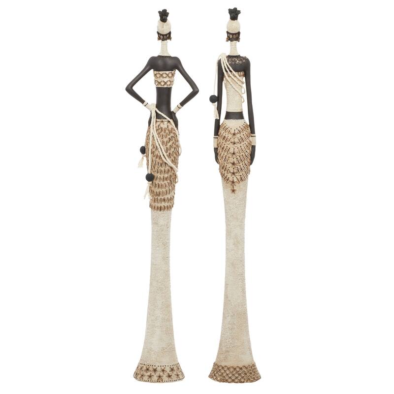 White Polystone Handmade Standing African Woman Decorative Sculpture with Intricate Details (Set of 2)