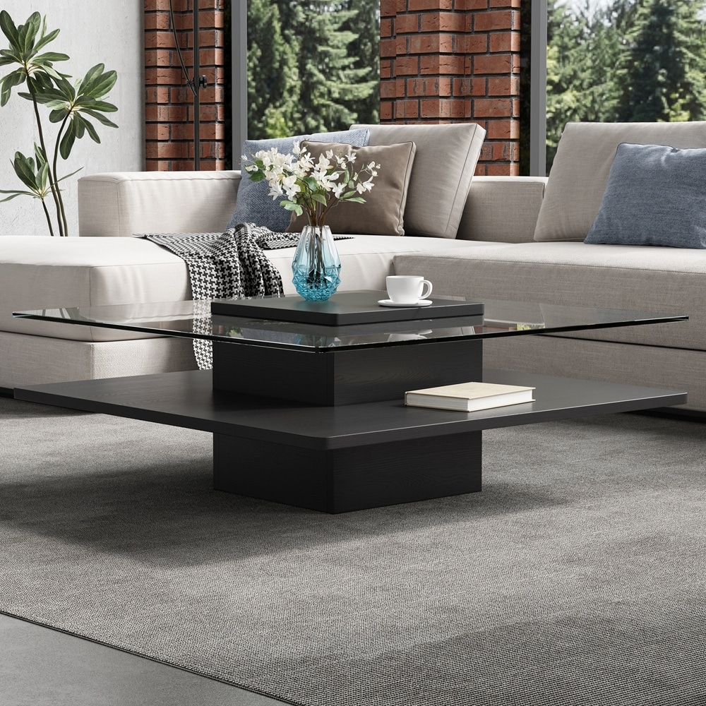 Square Coffee Table with Clear Tempered Glass Top and Storage Shelf
