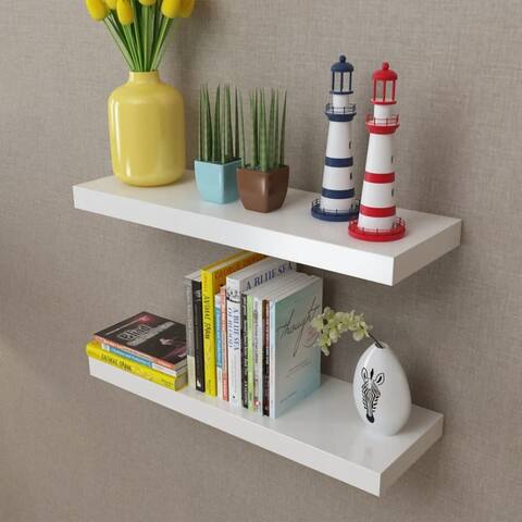 vidaXL 2 White MDF Floating Wall Display Shelves Book/DVD Storage - 23.6" x 7.9" x 1.5"