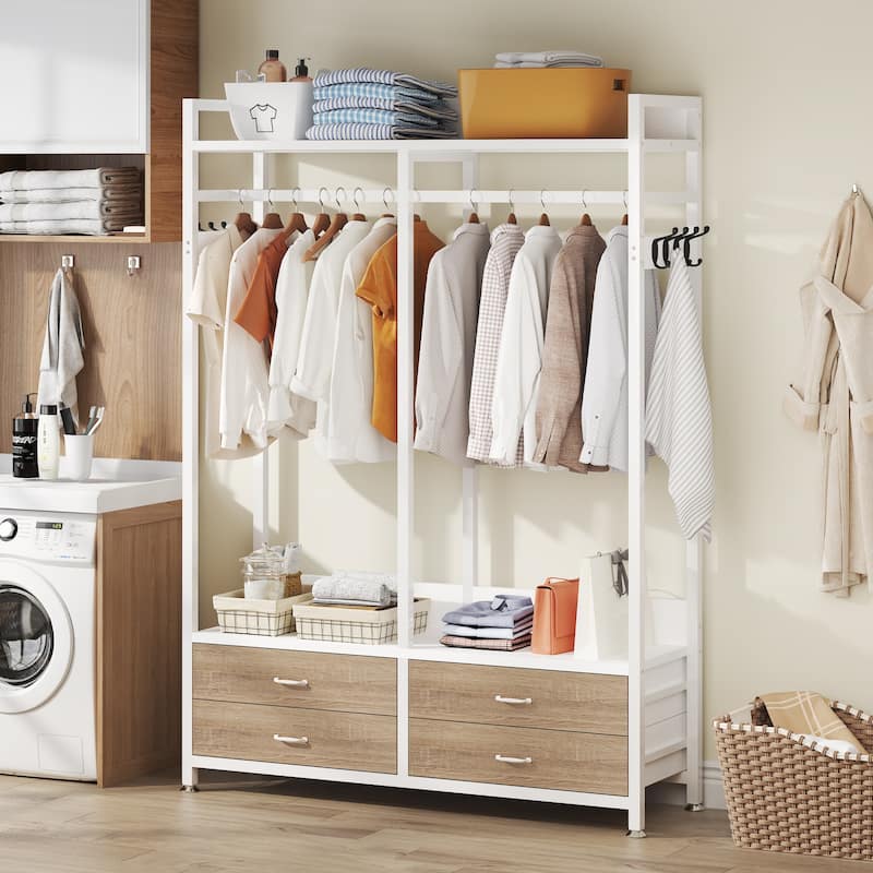 Freestanding Closet Organizer, Clothing Rack with 4 Drawers, 8 Hooks and Storage Shelves - Grey
