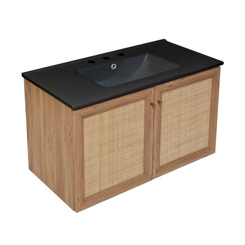 Classe 36 In. Brown Oak Wall Hung Bathroom Vanity With Black, 3-Hole Ceramic Sink Top