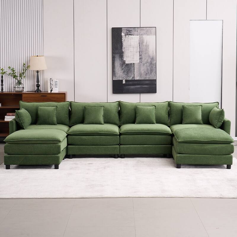 131.89" Chenille U-Shaped Sectional Sofa Bed with Sleeper & Iron Frame Support - Green