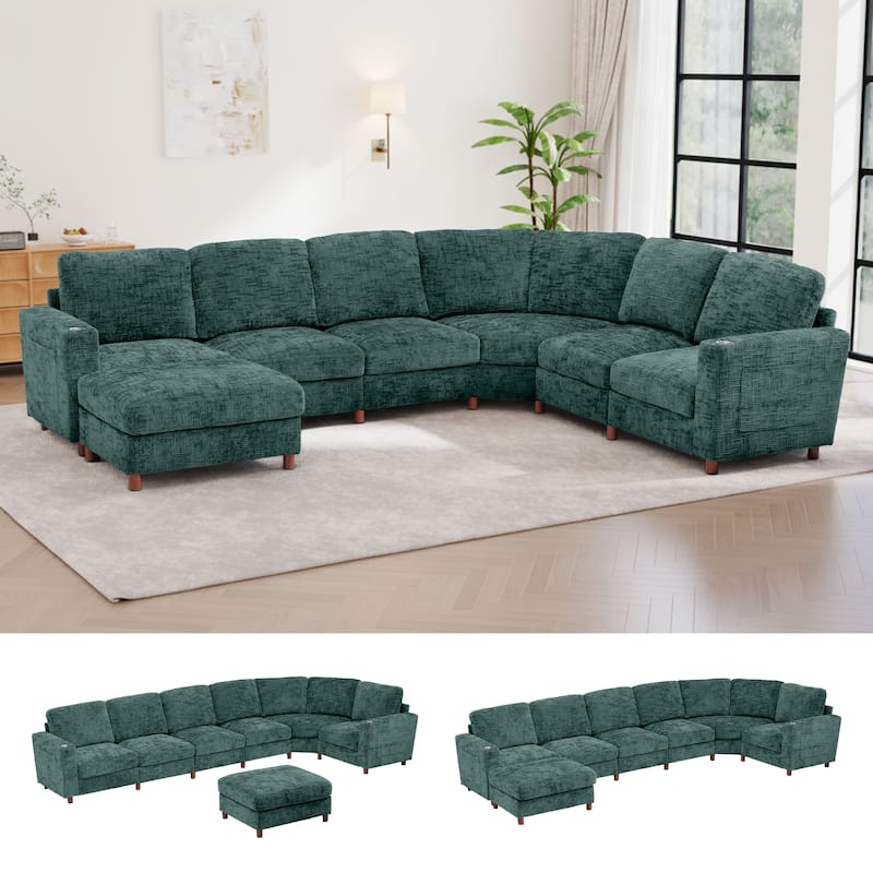 GDFStudio - Modular Chenille L-Shaped 159" 6-Seater Sectional Sofa with Storage & Cup Holders - Green