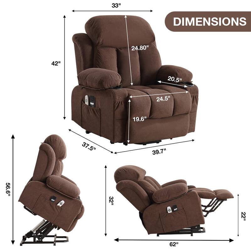 Power Lift Velvet Recliner Chair w/Heat and Massage & USB Charge Port