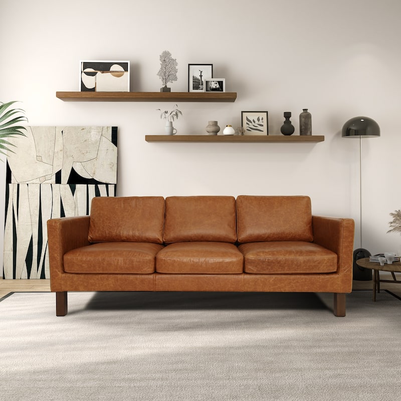 Mira Mid-Century Modern Comfortable Genuine Leather Couch