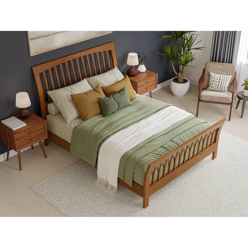 Solid Wood Low Profile Platform Bed - Light Toffee Finish - Sleigh Headboard & Footboard - Queen & King Sizes