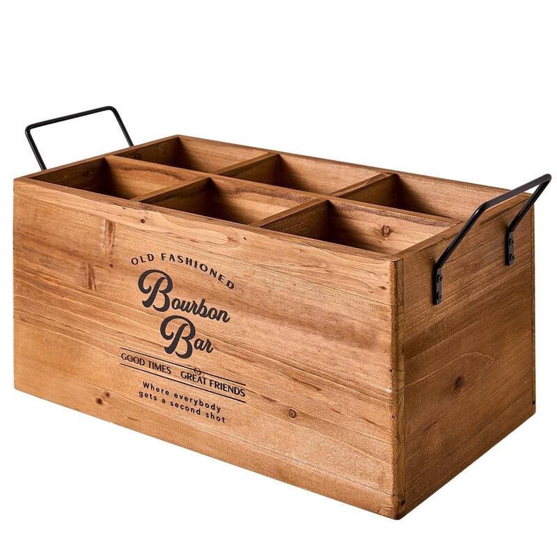 American Art Decor The Bourbon Bar Wood Crate Bottle Holder with Metal Handles - 7" H x 14" L x 8" D
