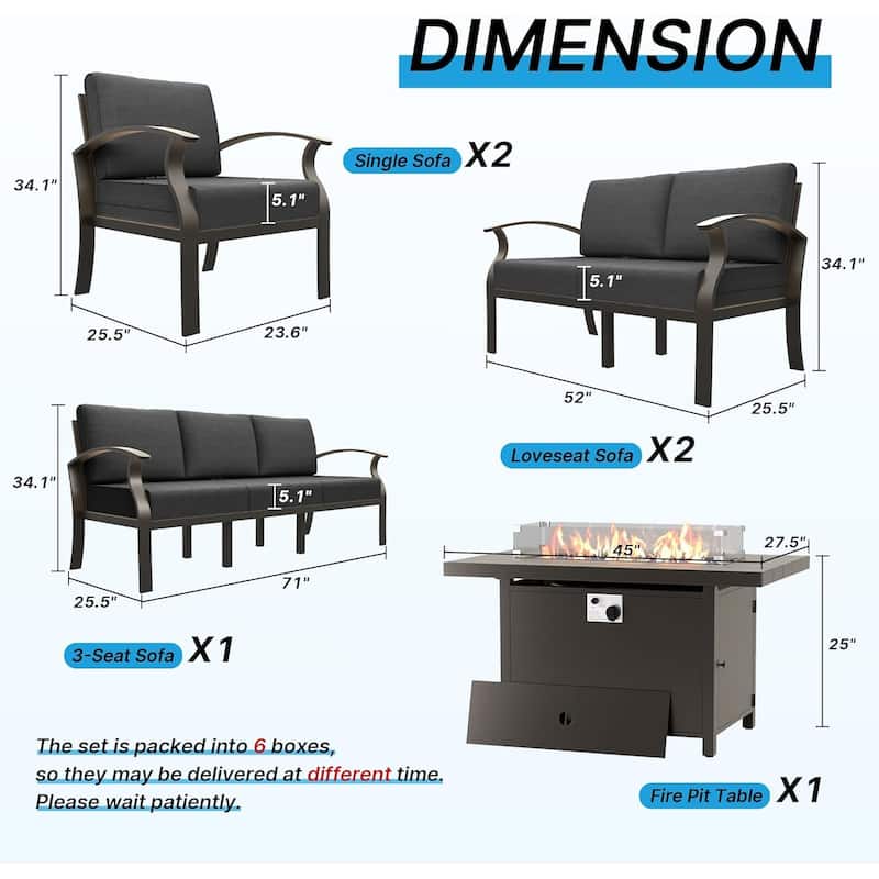 Aluminum Patio Furniture Set with FirePit Ottomans Swivel Chairs,Sectional Sofa with Thick Seat Cushions for Porch Garden