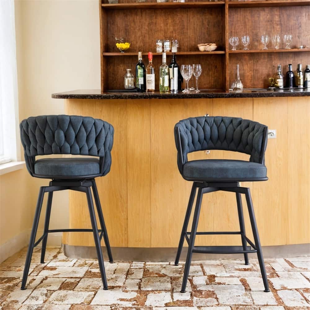 26" Bar Chair Suede Woven Bar Stool,Black legs Barstools,Set of 2
