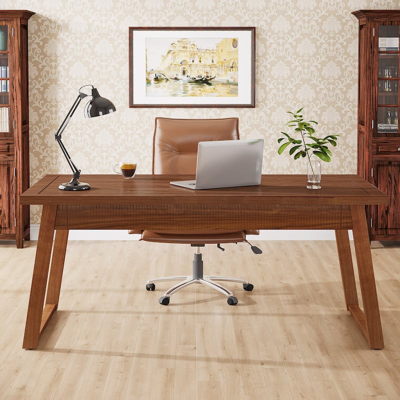 55-In Home Office Executive Desk, Solid Wood Computer Desk with Drawer