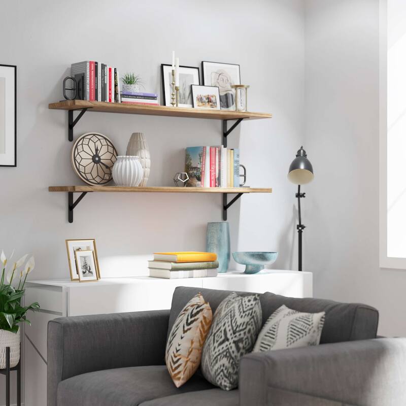 Wallniture Forme 48"-60" Long Floating Shelves for Living Room & Office Decor, Solid Wood Shelves, Wall Mounted, 1" Thick, Burnt