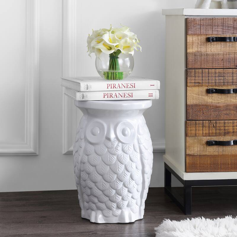 Groovy Owl 17.5" Ceramic Garden Stool, White by JONATHAN Y