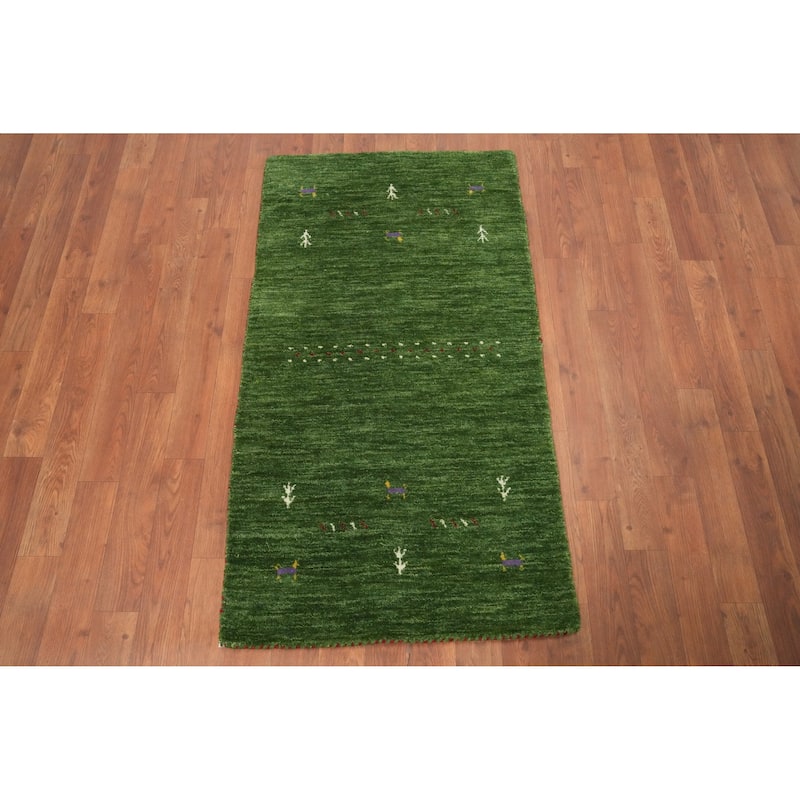 Hand Knotted Oriental 100% Wool Carpet Tribal Animal Pictorial Green Gabbeh Area Rug - 4' 0'' X 2' 2''