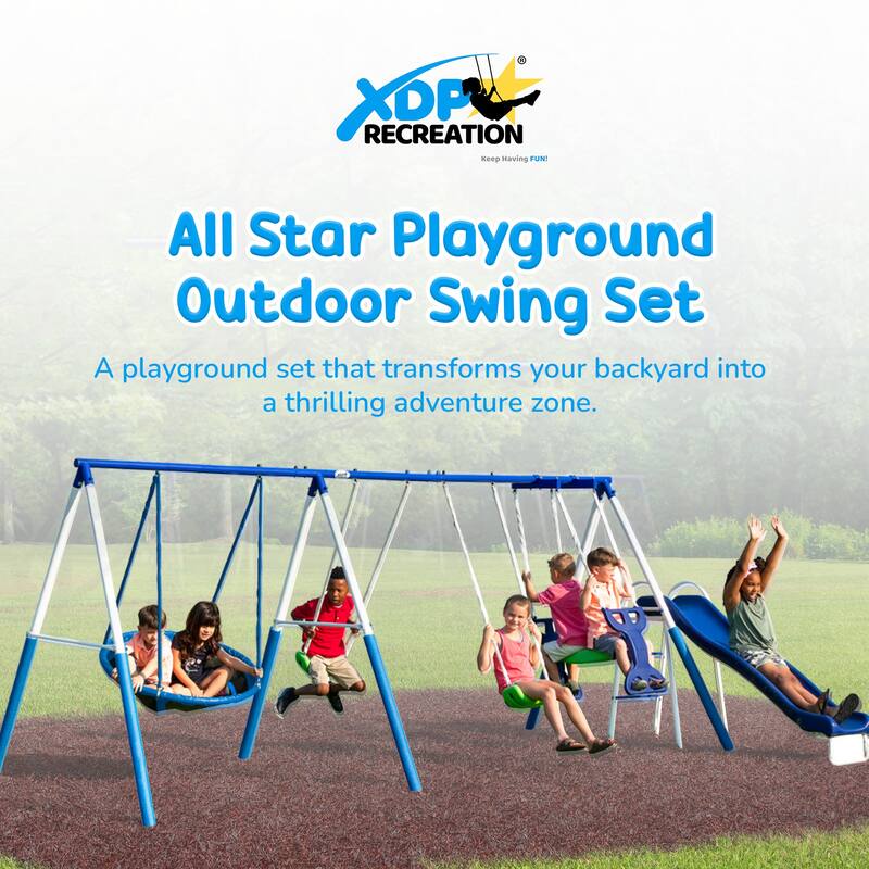 XDP Recreation All Star Playground Outdoor Swing Set, Rider, Super Disc & Slide
