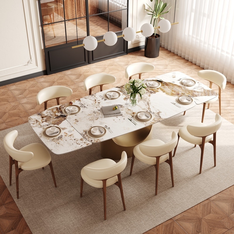 63-95" Extendable Dining Table, Seats 6-10, Glossy Sintered Stone Tabletop, Bronze Carbon Steel Smile Legs