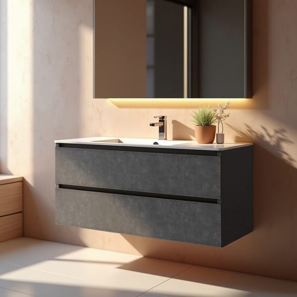 slide 2 of 23, Floating Bathroom Vanity 24"-48" – Cement Gray Finish, White Integrated Sink