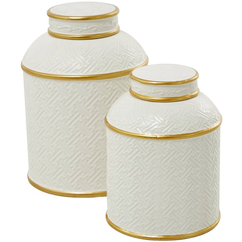 White Ceramic Living Room Decorative Jars with Gold Accents (Set of 2) - S/2 10", 8"H