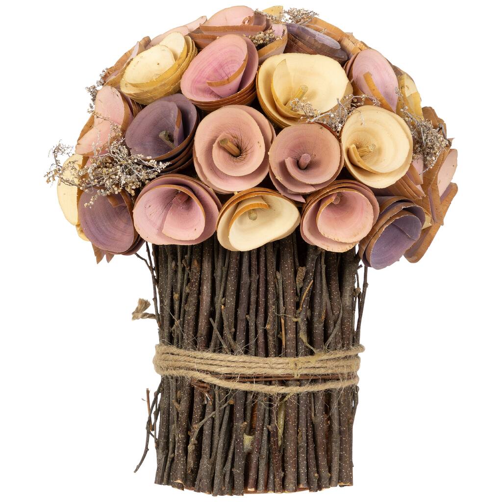 Wooden Artificial Floral Spring Bouquet - 8.25" - Pink and Yellow