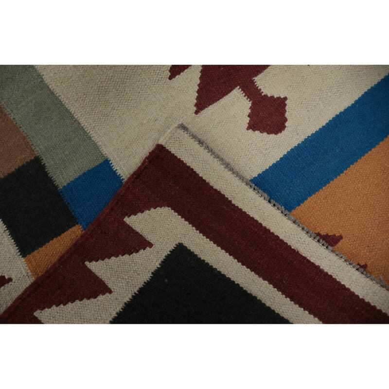 Hand Woven Oriental 100% Wool Carpet Southwestern Tribal Beige & Ivories Kilim Area Rug - 12' 3'' X 5' 5''