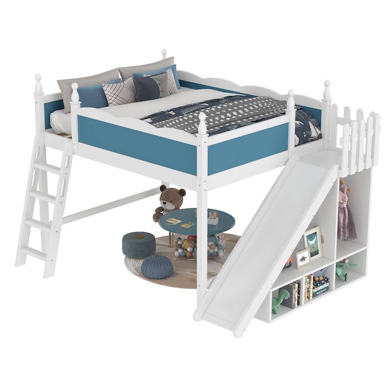 Queen Loft Bed with Storage Shelves and Wardrobe, Solid Wood Loft Beds with Detachable Slide and Ladders, No Spring Box Needed