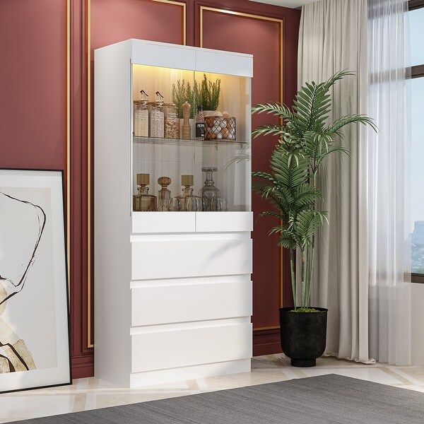 Tall 3-LED Light Cabinets with Tempered Glass doors & 3 Drawers - 31.5"W x 70.8"H