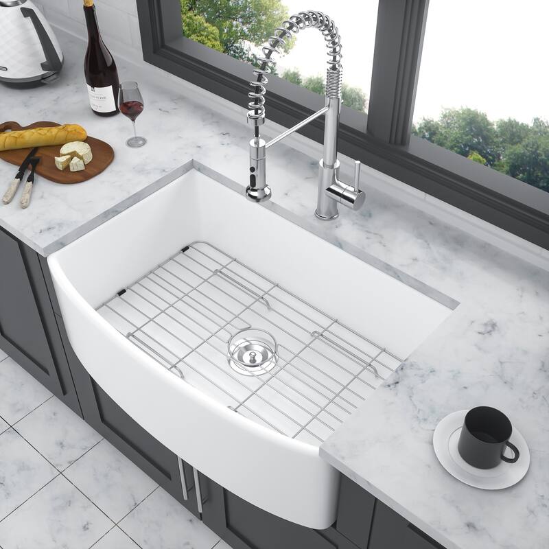 33 inch Kitchen Sink Arch Edge Apron Front Single Bowl Farm Kitchen Sinks - White