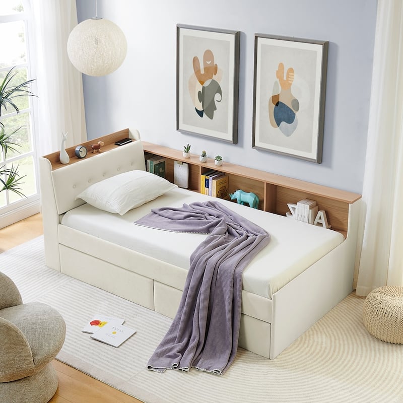 Twin Size Velvet Upholstered Daybed with Storage Headboard, LED and Wireless Charging - Optional Trundle Bed or Storage Drawers
