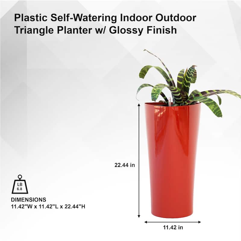 XBrand 22.4" H Plastic Self Watering Indoor Outdoor Triangle Planter Pot w/Glossy Finish, Tall Decorative Gardening Pot