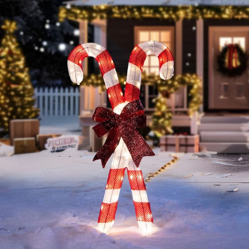 Joyfy Christmas Candy Canes Tinsel Yard Light Decorations, 50 Pre-Lit LED Warm White Lights - Red