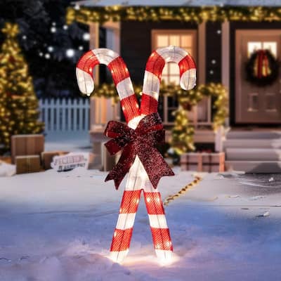Joyfy Christmas Candy Canes Tinsel Yard Light Decorations, 50 Pre-Lit LED Warm White Lights - Red