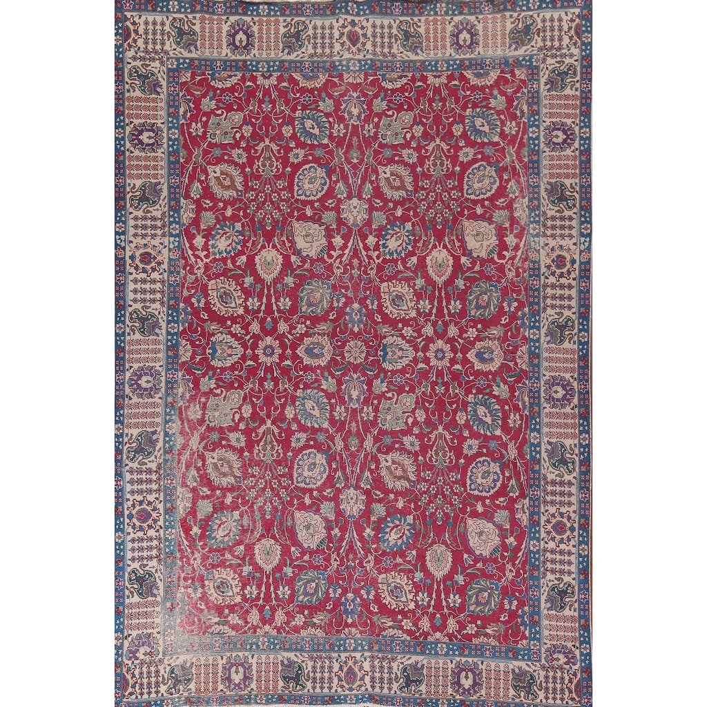 Distressed Floral Tabriz Persian Vintage Rug Hand-Knotted Wool Carpet - 9'6"x 12'9"