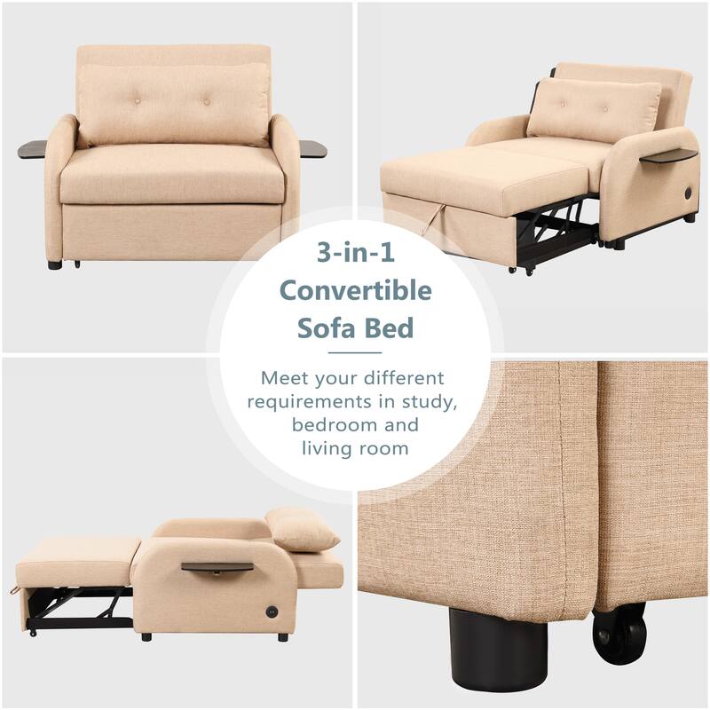48.8″ 2-Seater Sleeper Sofa 3-in-1 with 2 Wing Tables & USB Charging