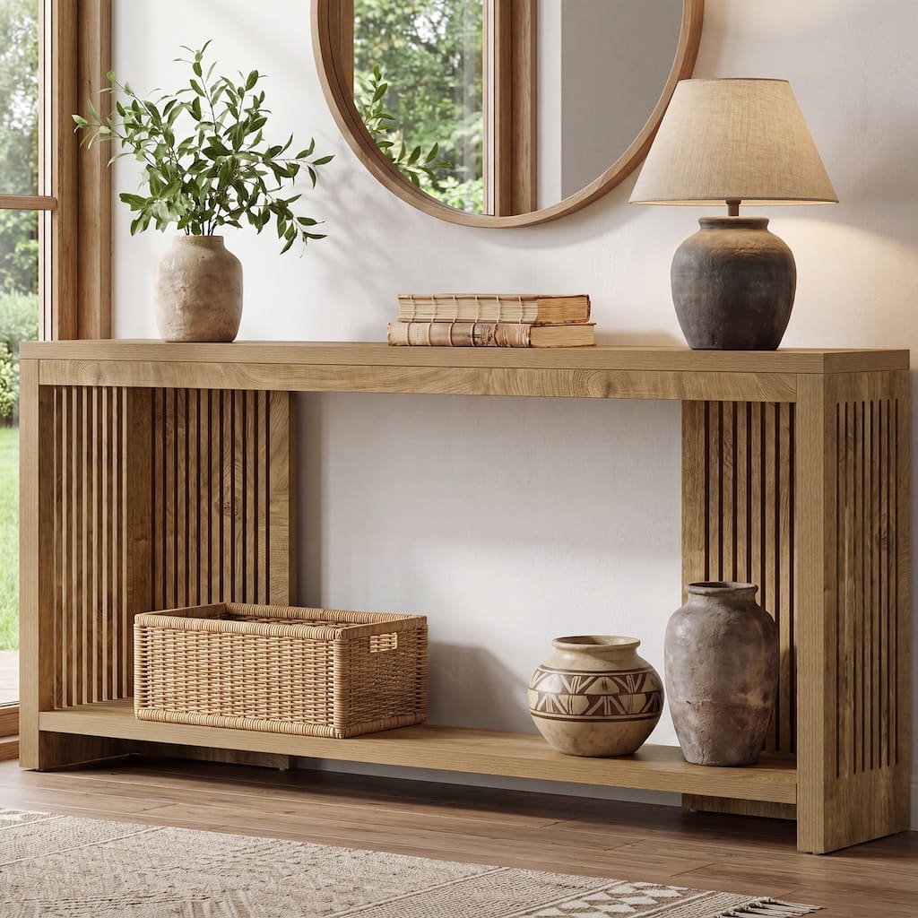 Farmhouse Console Table, 70.9" Wooden Entry Table with 2-tier Storage - 70.86" D x 11.61" W x 33.26" H