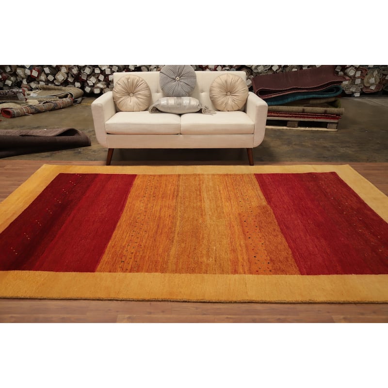Hand Knotted Oriental 100% Wool Carpet Modern Stripe Oranges & Rust Gabbeh Area Rug - 9' 11'' X 6' 2''