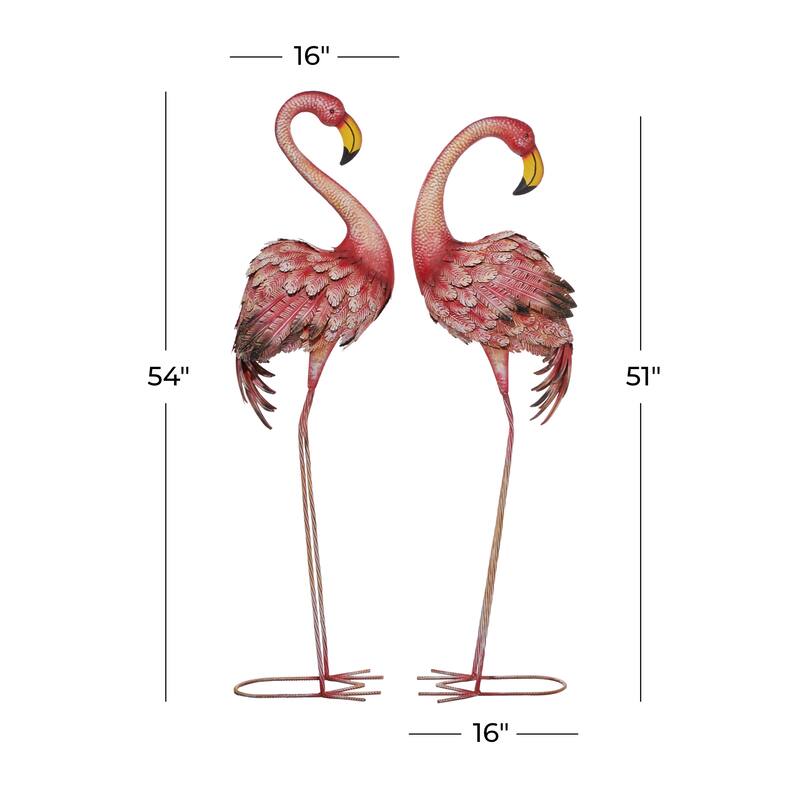 Pink Metal Indoor Outdoor Standing Flamingo Decorative Garden Sculpture with Yellow Accents and Coiled U Shaped Feet (Set of 2)