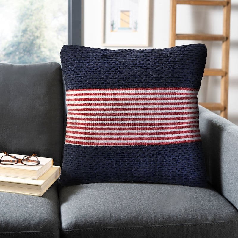 20" Navy Blue and Red Nautical Striped Square Throw Pillow
