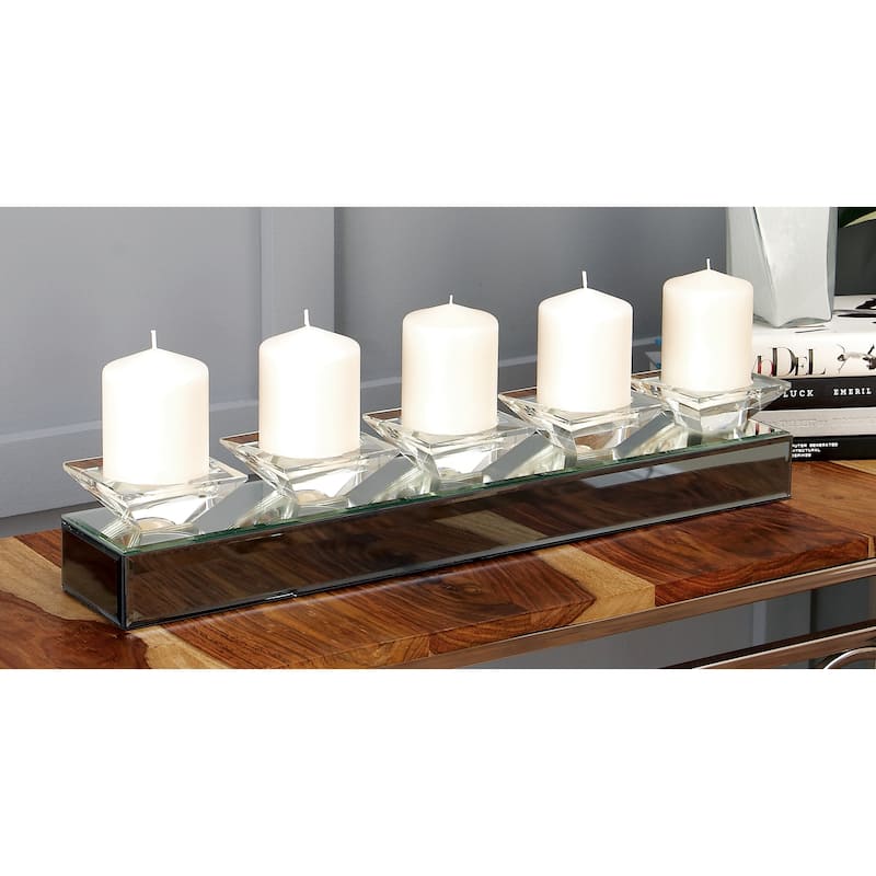 Glass Handmade Pillar 5 Plate Candelabra with Mirrored Sides - Silver - Roche River Decor - 4"W x 24"L x 4"H