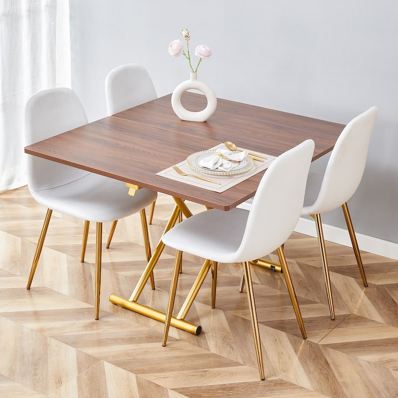 Modern multifunctional lifting platform, wood textured sticker MDF desktop, metal legs. with 4 dining chairs - Golden+Brown
