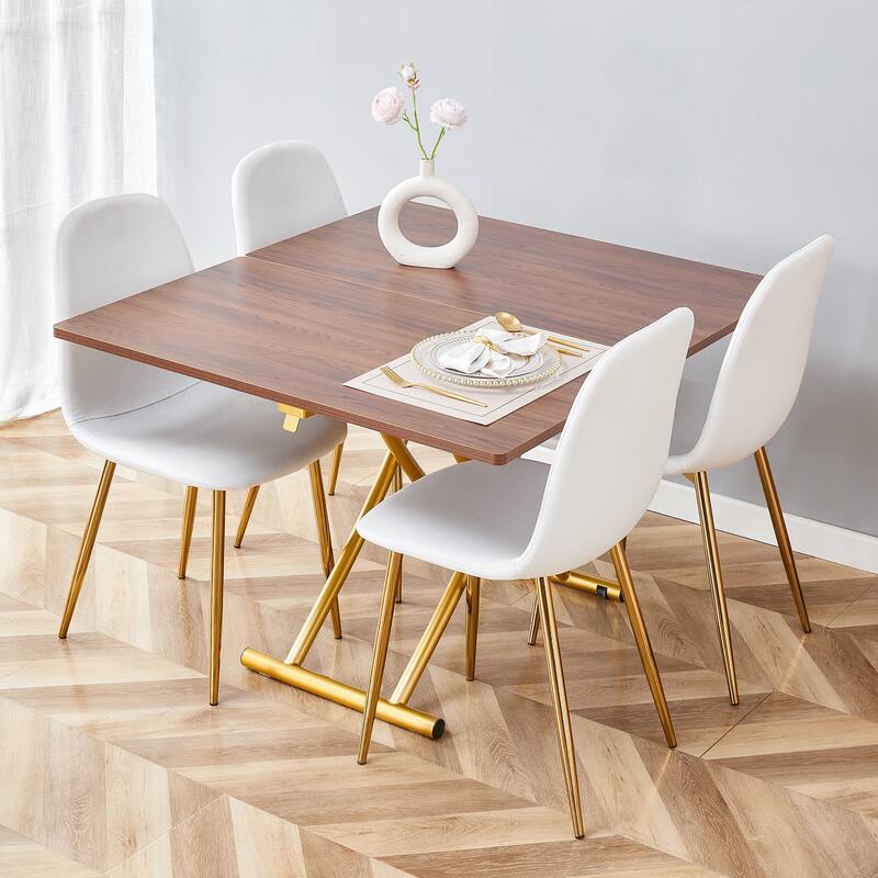 Multi-Functional Lift Table Coffee Table Bar Table, Dining Table & Chairs Set with Linen Dining Chairs