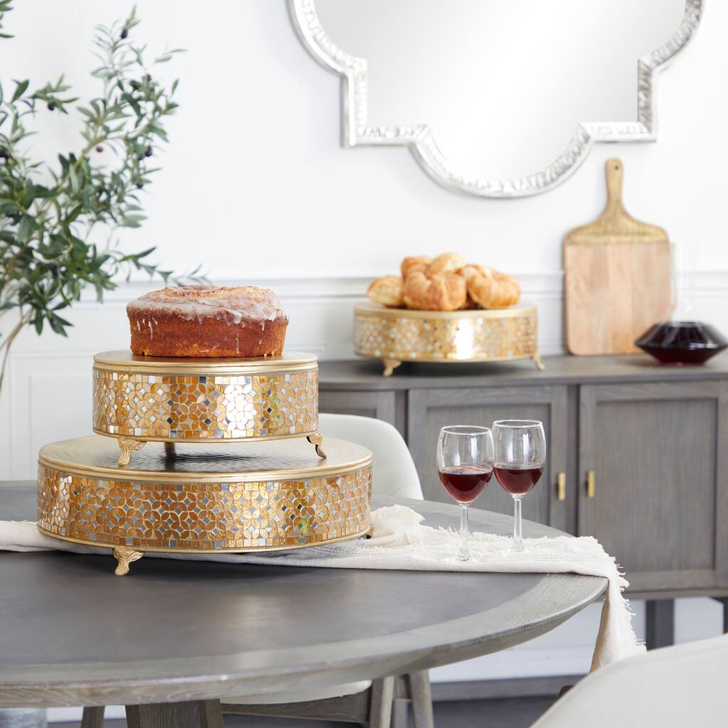 Gold Metal Cake Stand with Mirrored Mosaic Patterns and Scrolled Feet (Set of 3)